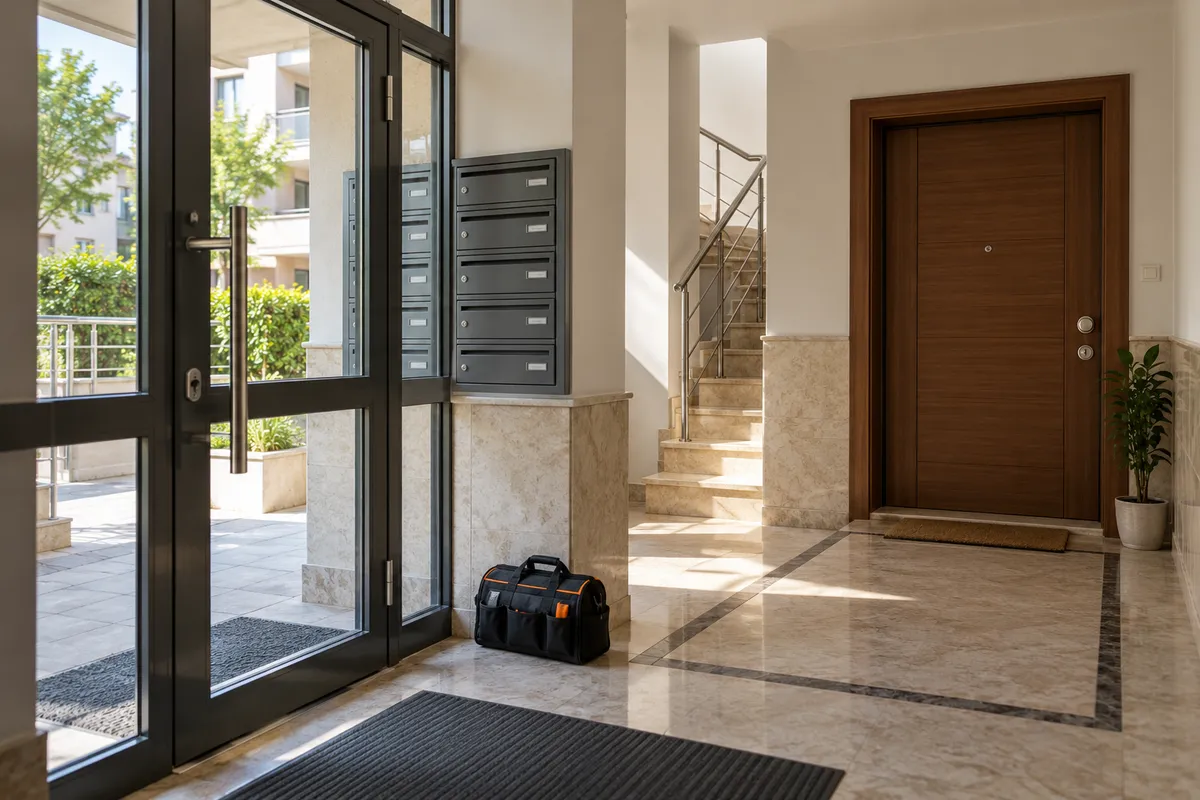 Ortak apartman girişi ve özel daire kapısını gösteren temsili çilingir hizmeti görseli