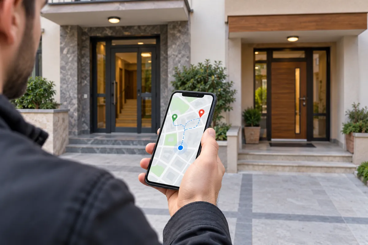Bina girişinin önünde telefondaki temsili konumu kontrol eden kişinin görünümü