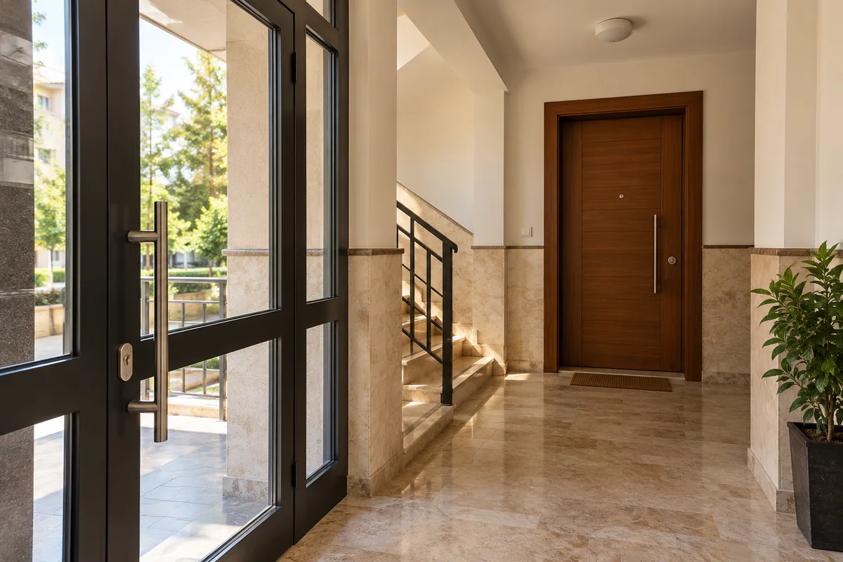 Ortak apartman girişi ile ahşap daire kapısını aynı lobide gösteren temsili görsel